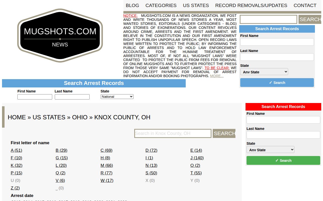 Knox County historical mugshot record index screenshot from Mugshots.com