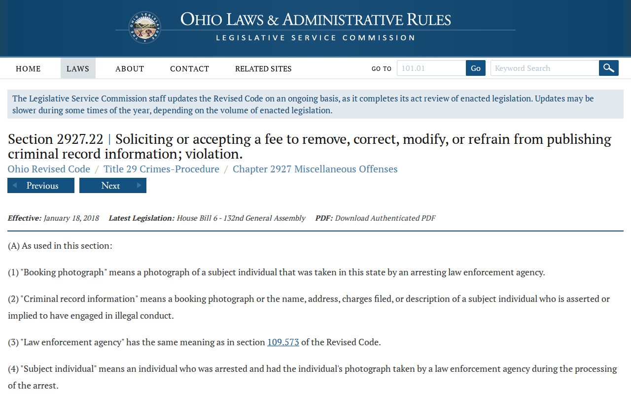 Knox County booking record law on Ohio Revised Code page