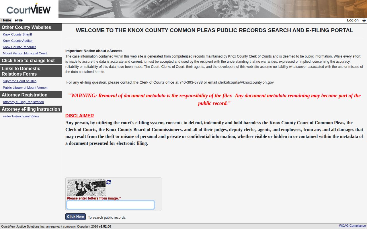 Knox County Common Pleas warrant and court record search screen