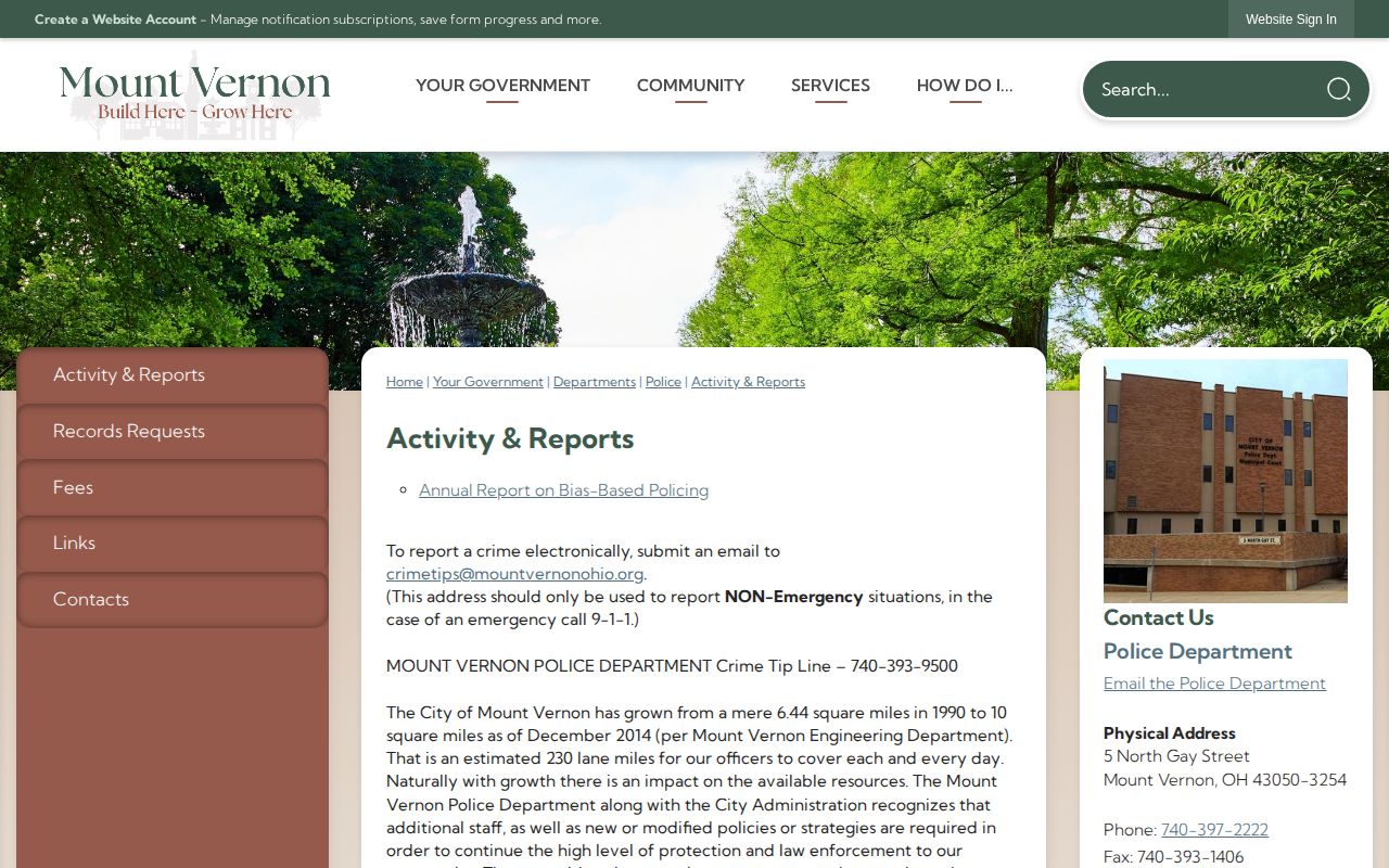 Mount Vernon Police activity reports page for Knox County arrest records